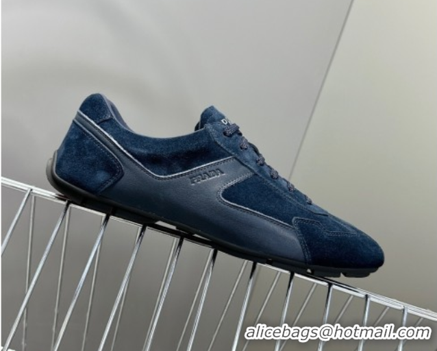 Top Grade Prada Antiqued Leather and Suede Sneakers Dark Blue 2025 PR060301
