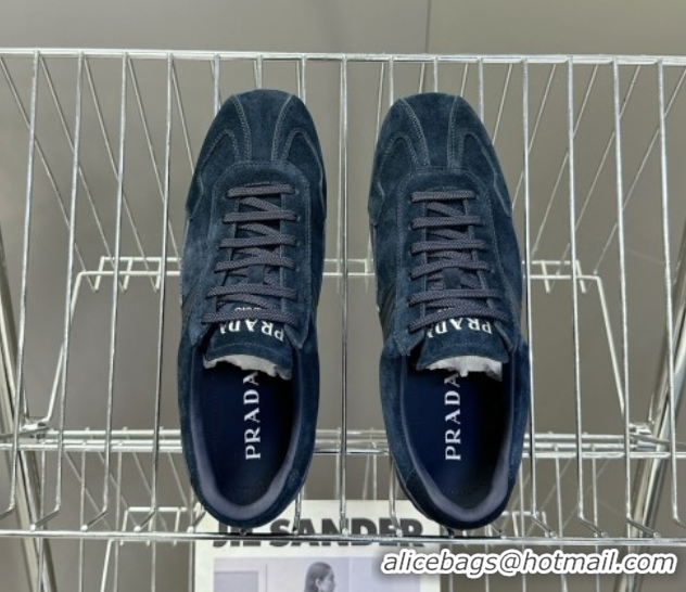 Top Grade Prada Antiqued Leather and Suede Sneakers Dark Blue 2025 PR060301