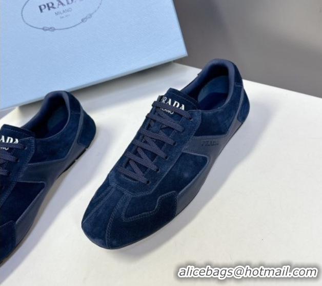 Top Grade Prada Antiqued Leather and Suede Sneakers Dark Blue 2025 PR060301