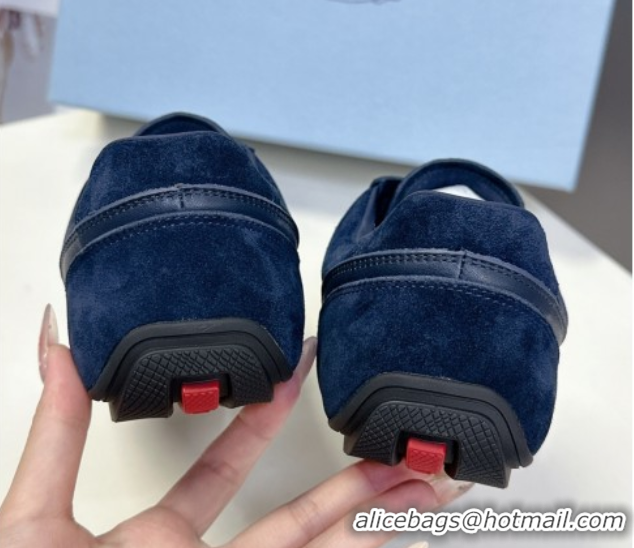 Top Grade Prada Antiqued Leather and Suede Sneakers Dark Blue 2025 PR060301