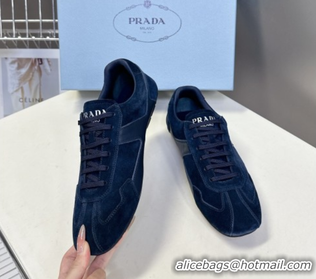 Top Grade Prada Antiqued Leather and Suede Sneakers Dark Blue 2025 PR060301