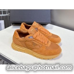 Shop Duplicate Prada Prax 2.0 Re-Nylon and suede sneakers Pomegranate Yellow 2025 1E921N