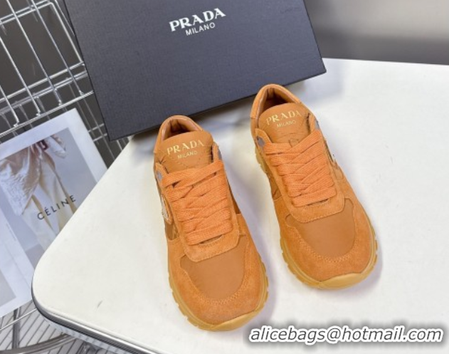 Shop Duplicate Prada Prax 2.0 Re-Nylon and suede sneakers Pomegranate Yellow 2025 1E921N