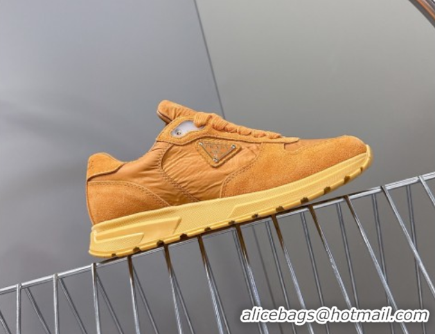 Shop Duplicate Prada Prax 2.0 Re-Nylon and suede sneakers Pomegranate Yellow 2025 1E921N