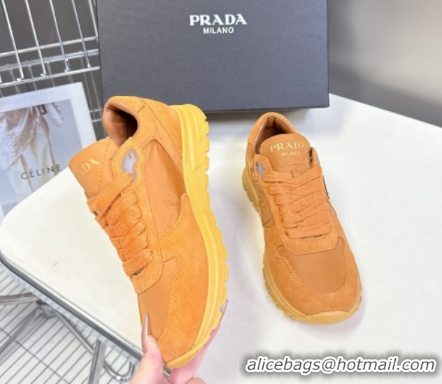 Shop Duplicate Prada Prax 2.0 Re-Nylon and suede sneakers Pomegranate Yellow 2025 1E921N