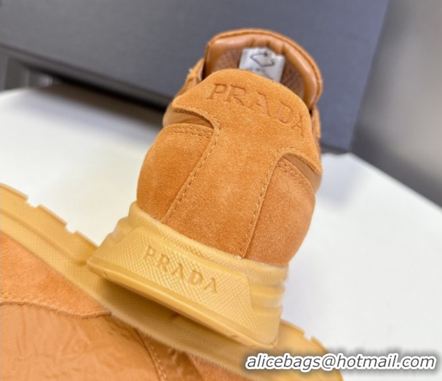 Shop Duplicate Prada Prax 2.0 Re-Nylon and suede sneakers Pomegranate Yellow 2025 1E921N