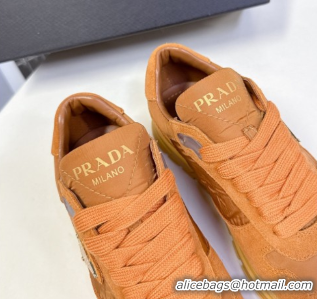 Shop Duplicate Prada Prax 2.0 Re-Nylon and suede sneakers Pomegranate Yellow 2025 1E921N