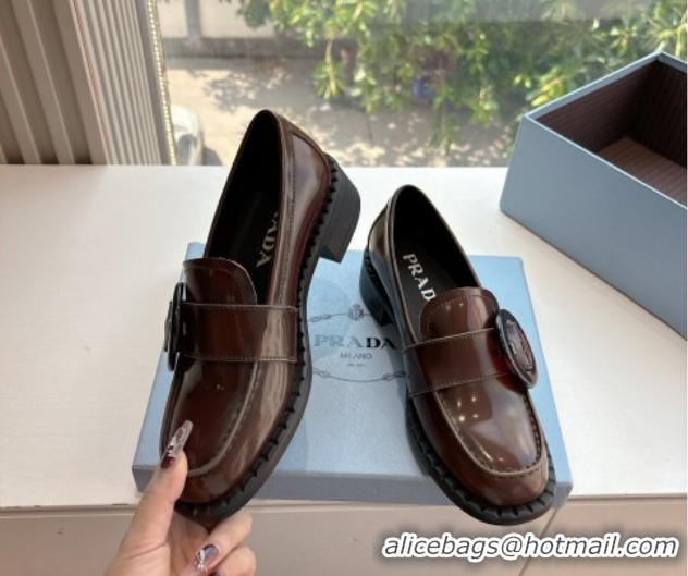 Grade Quality Prada Brushed leather loafers with Round Buckle Brown 2 2025 1D979N
