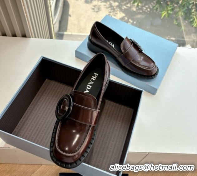 Grade Quality Prada Brushed leather loafers with Round Buckle Brown 2 2025 1D979N