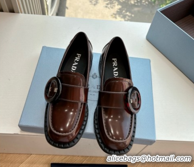 Grade Quality Prada Brushed leather loafers with Round Buckle Brown 2 2025 1D979N