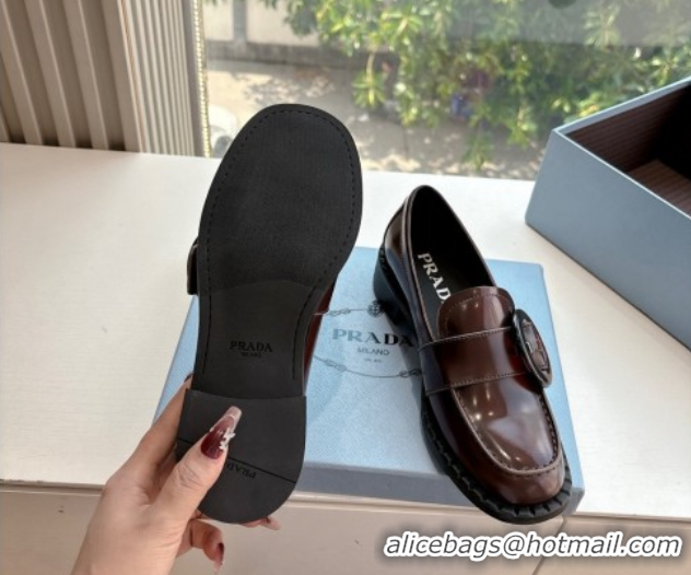 Grade Quality Prada Brushed leather loafers with Round Buckle Brown 2 2025 1D979N