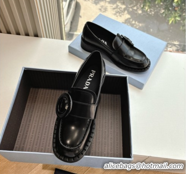 Unique Style Prada Brushed leather loafers with Round Buckle Black 2025 1D979N
