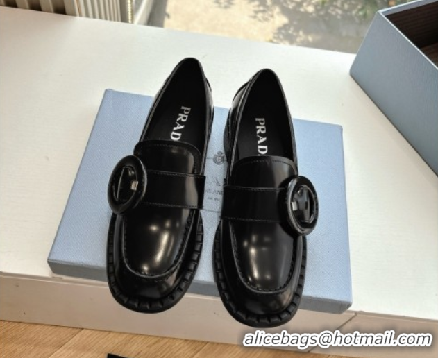 Unique Style Prada Brushed leather loafers with Round Buckle Black 2025 1D979N