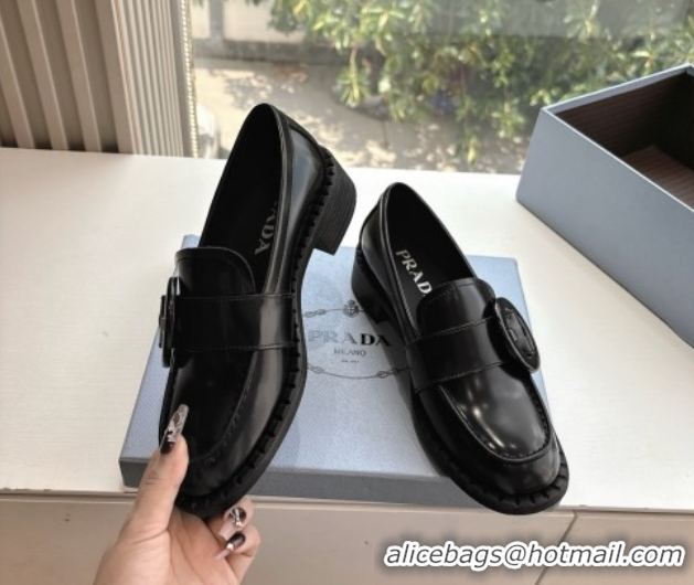Unique Style Prada Brushed leather loafers with Round Buckle Black 2025 1D979N