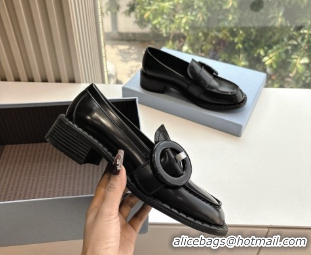 Unique Style Prada Brushed leather loafers with Round Buckle Black 2025 1D979N