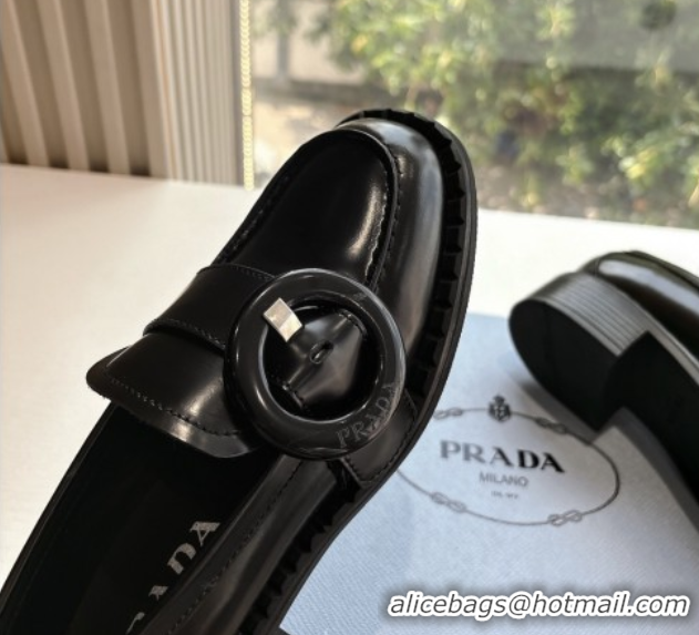 Unique Style Prada Brushed leather loafers with Round Buckle Black 2025 1D979N