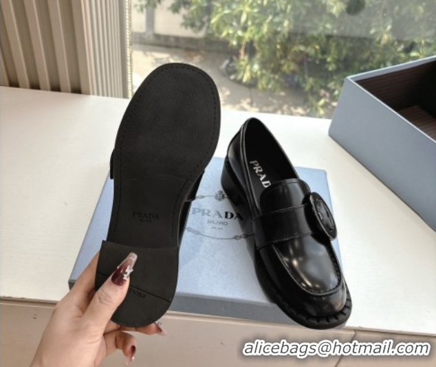 Unique Style Prada Brushed leather loafers with Round Buckle Black 2025 1D979N