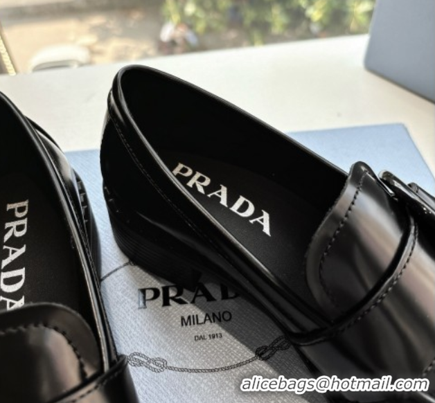 Unique Style Prada Brushed leather loafers with Round Buckle Black 2025 1D979N
