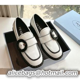 Cheap Price Prada Brushed leather loafers with Round Buckle White 2025 1D979N