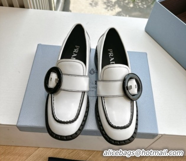 Cheap Price Prada Brushed leather loafers with Round Buckle White 2025 1D979N