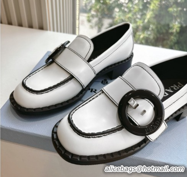 Cheap Price Prada Brushed leather loafers with Round Buckle White 2025 1D979N