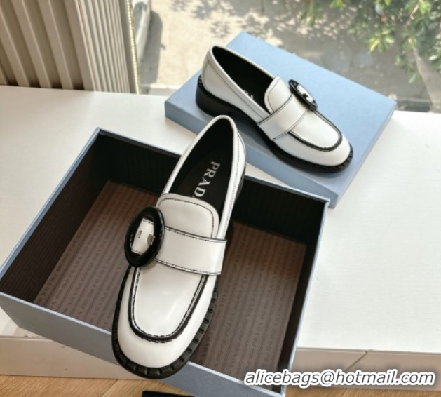 Cheap Price Prada Brushed leather loafers with Round Buckle White 2025 1D979N