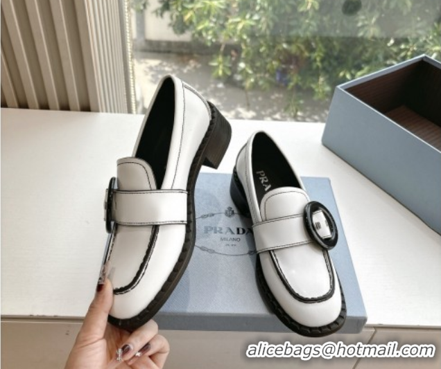 Cheap Price Prada Brushed leather loafers with Round Buckle White 2025 1D979N