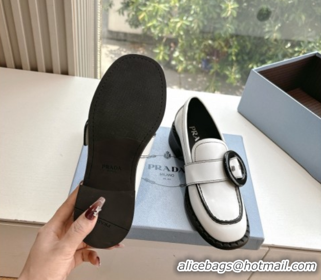 Cheap Price Prada Brushed leather loafers with Round Buckle White 2025 1D979N