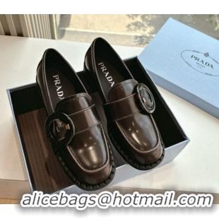 Low Price Prada Brushed leather loafers with Round Buckle Dark Brown 2025 1D979N