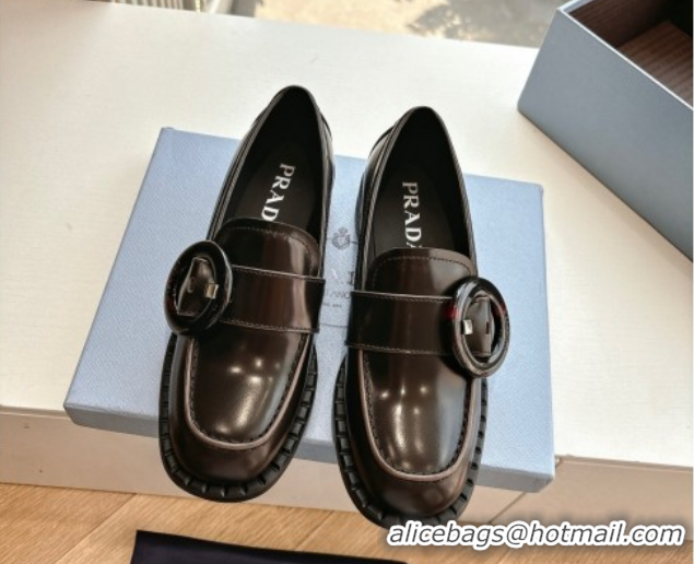 Low Price Prada Brushed leather loafers with Round Buckle Dark Brown 2025 1D979N