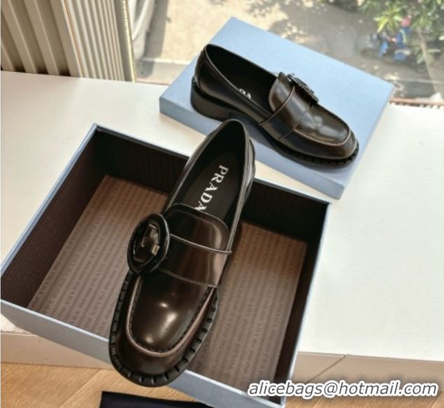 Low Price Prada Brushed leather loafers with Round Buckle Dark Brown 2025 1D979N