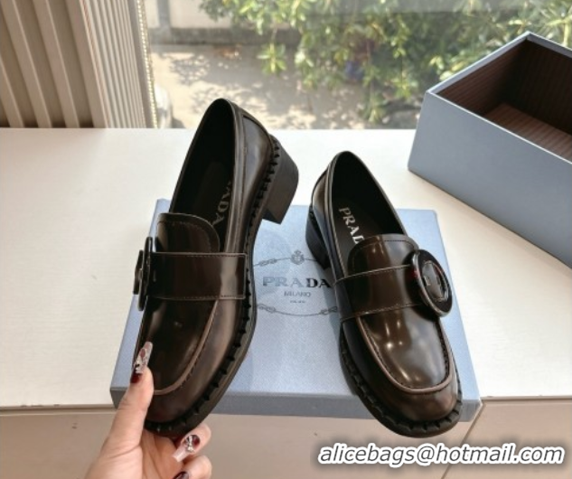 Low Price Prada Brushed leather loafers with Round Buckle Dark Brown 2025 1D979N
