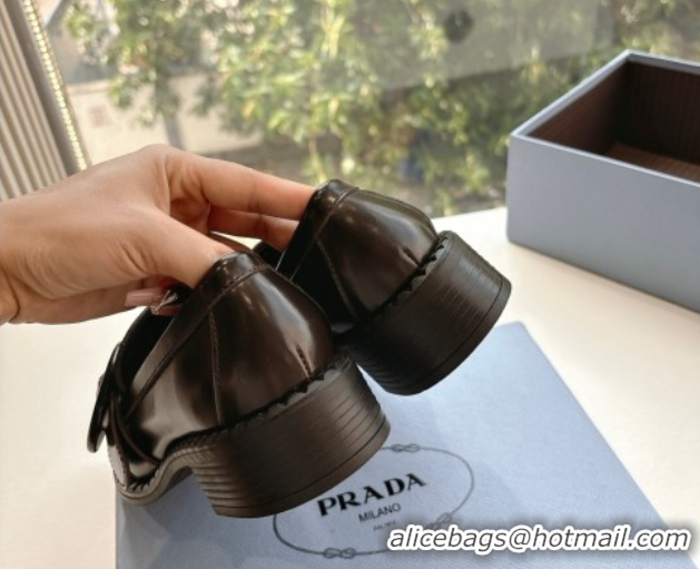 Low Price Prada Brushed leather loafers with Round Buckle Dark Brown 2025 1D979N