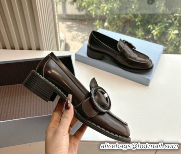Low Price Prada Brushed leather loafers with Round Buckle Dark Brown 2025 1D979N