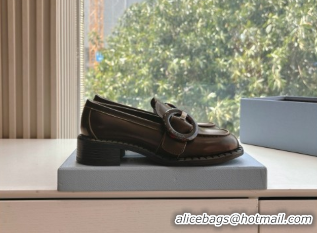 Low Price Prada Brushed leather loafers with Round Buckle Dark Brown 2025 1D979N