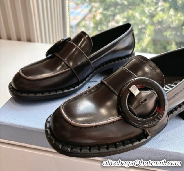 Low Price Prada Brushed leather loafers with Round Buckle Dark Brown 2025 1D979N