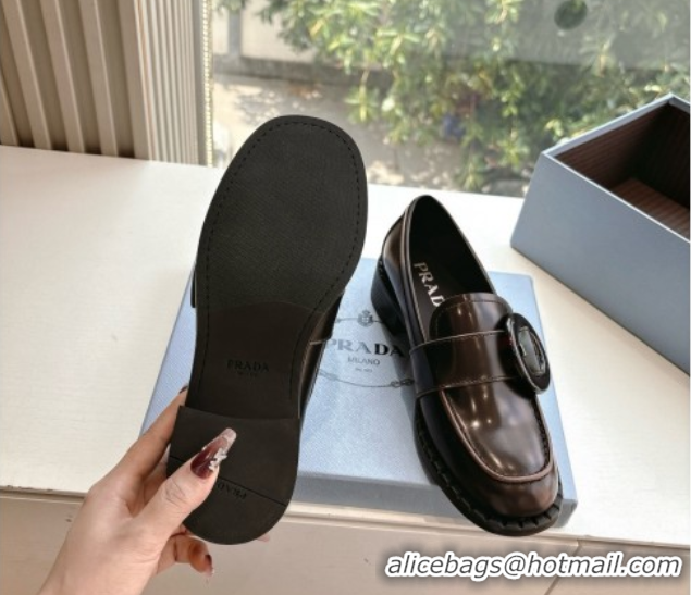Low Price Prada Brushed leather loafers with Round Buckle Dark Brown 2025 1D979N