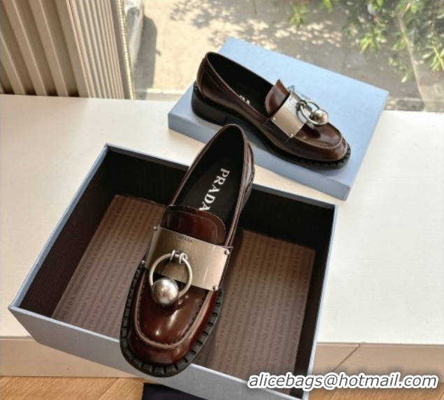 Best Grade Prada Brushed leather loafers with metal details Brown2 2025 1D981N