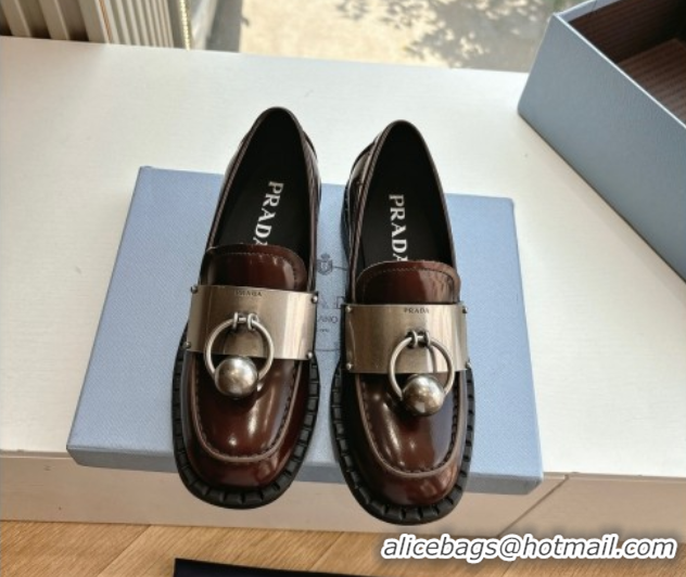 Best Grade Prada Brushed leather loafers with metal details Brown2 2025 1D981N