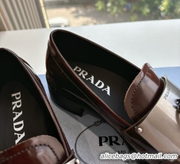 Best Grade Prada Brushed leather loafers with metal details Brown2 2025 1D981N