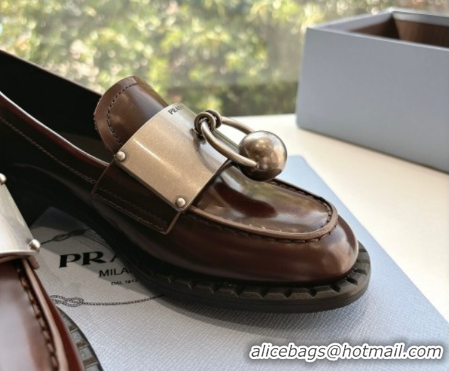 Best Grade Prada Brushed leather loafers with metal details Brown2 2025 1D981N