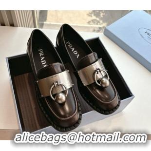 Luxury Discount Prada Brushed leather loafers with metal details Dark Brown 2025 1D981N