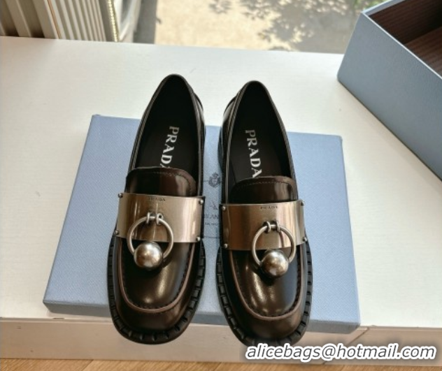 Luxury Discount Prada Brushed leather loafers with metal details Dark Brown 2025 1D981N