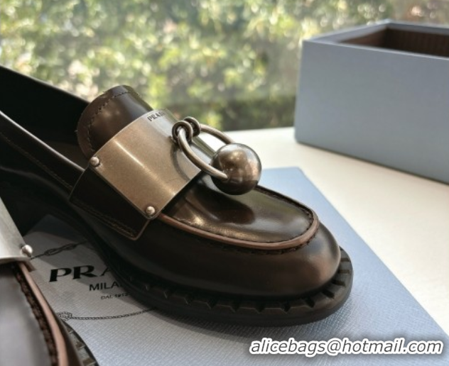 Luxury Discount Prada Brushed leather loafers with metal details Dark Brown 2025 1D981N