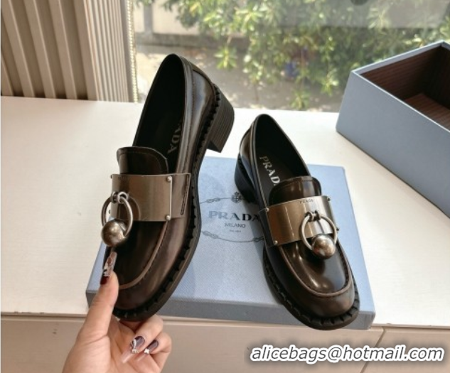 Luxury Discount Prada Brushed leather loafers with metal details Dark Brown 2025 1D981N