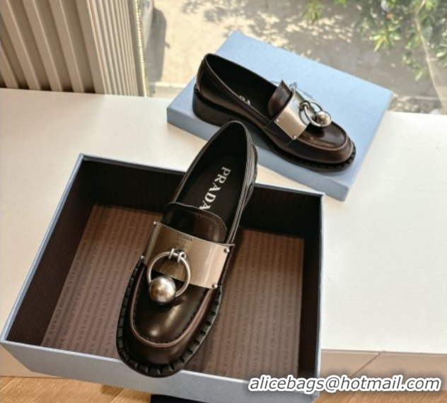 Luxury Discount Prada Brushed leather loafers with metal details Dark Brown 2025 1D981N