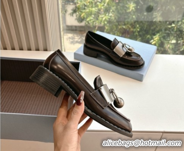 Luxury Discount Prada Brushed leather loafers with metal details Dark Brown 2025 1D981N