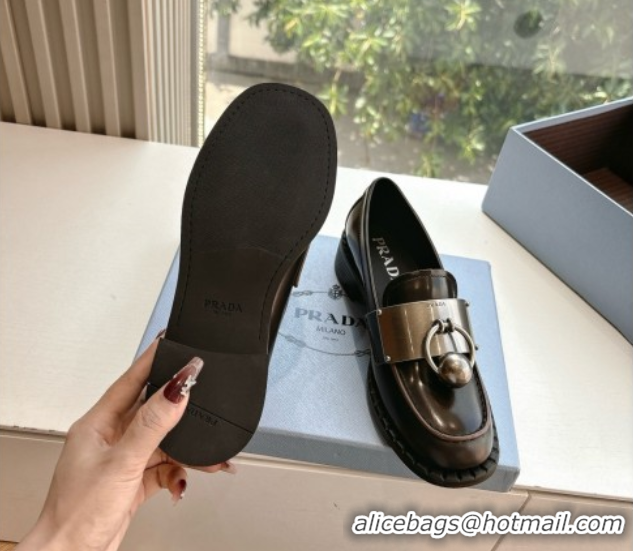 Luxury Discount Prada Brushed leather loafers with metal details Dark Brown 2025 1D981N