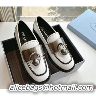 Luxury Prada Brushed leather loafers with metal details White 2025 1D981N