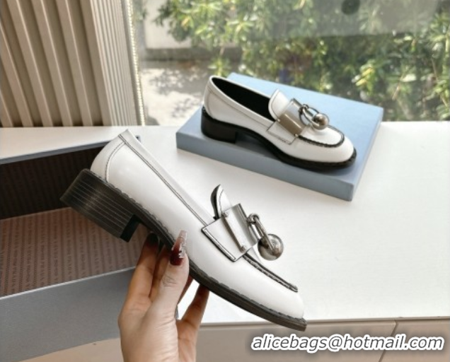 Luxury Prada Brushed leather loafers with metal details White 2025 1D981N